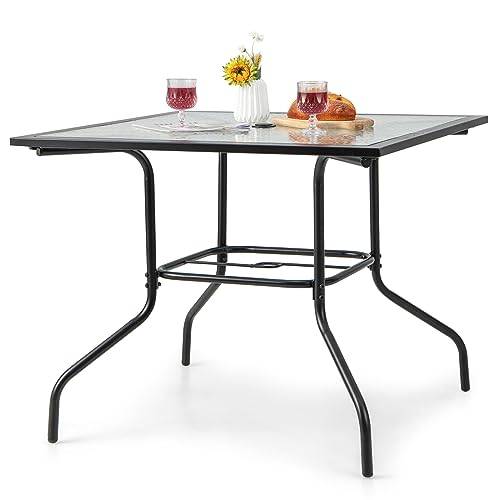 KOMFOTTEU Fyrkantigt sidobord, trädgårdsbord med paraplyhål, bistrobord med glasplatta och metallram, matbord kan belastas upp till 80 kg, för balkong, terrass, trädgård, svart (89 x 89 x 72 cm)