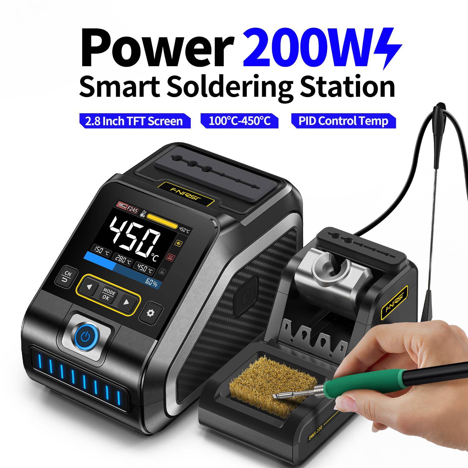 FNIRSI DWS-200 200W Effekt Snabb Uppvärmning Lödkolvsstation C210 C245 Lödkolvshandtag Elektronisk Svetsning Reparationsstation svart