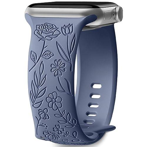Mastten Blommigt graverat armband kompatibelt med Apple Watch 38 mm, 40 mm, 41 mm, 42 mm, 44 mm, 45 mm, 49 mm för dam, elegant mjukt silikonarmband med rosa mönster för iWatch Series SE 9 8 7 6 5 4 3