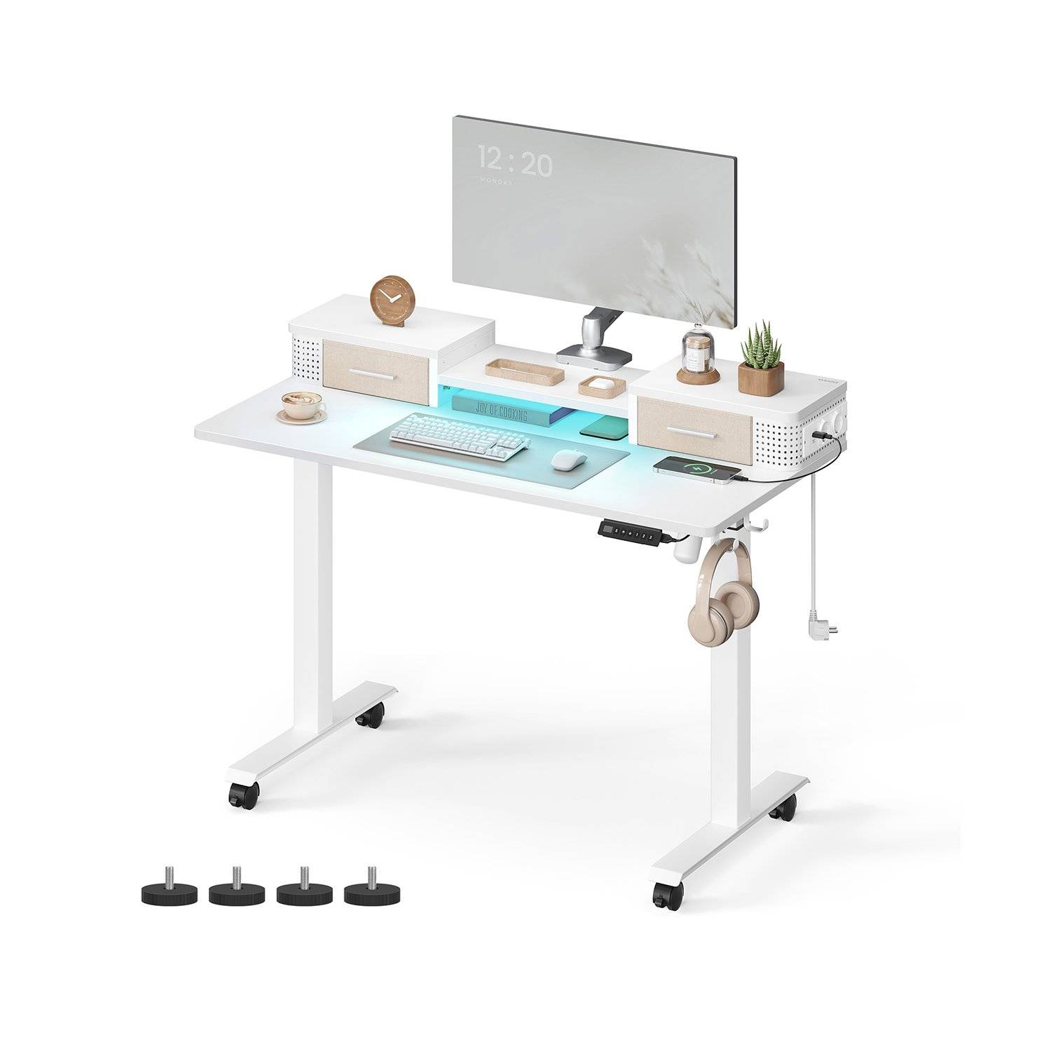 VASAGLE Electric Height Adjustable Desk 60 x 120 x (72-120) cm Continuously Adjustable with Monitor Stand, Hook, Memory Function, Straw Yellow LSD182N