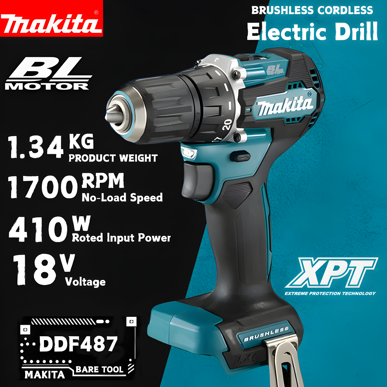 Makita DDF487 18V Brushless Cordless Drill Driver Compact High Torque Variable Speed Woodworking Power Tool for Makita Battery