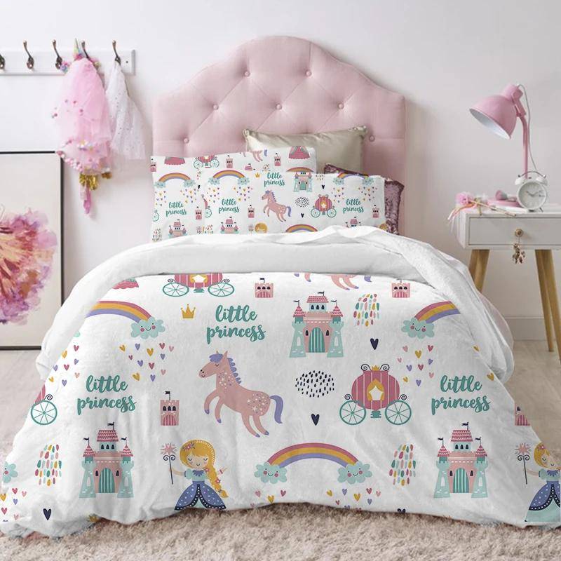 Härligt Prinsessa barn Sängklädesset 150x200 Slott Påslakan Örngott Sängöverkast För Flickor Twin Enkel Storlek Täcke 200x200 173x218cm 2pcs