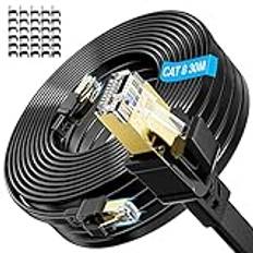 Nätverkskabel 30m, Cat 8 Ethernet Kabel Höghastighets 30m LAN Kabel Cat8 40Gbps 2000MHz FTP Skärmad Gigabit Ethernet Cable RJ45 Patchkabel Lång Internetkabel för Router, Modem (30 kabelklämmor)