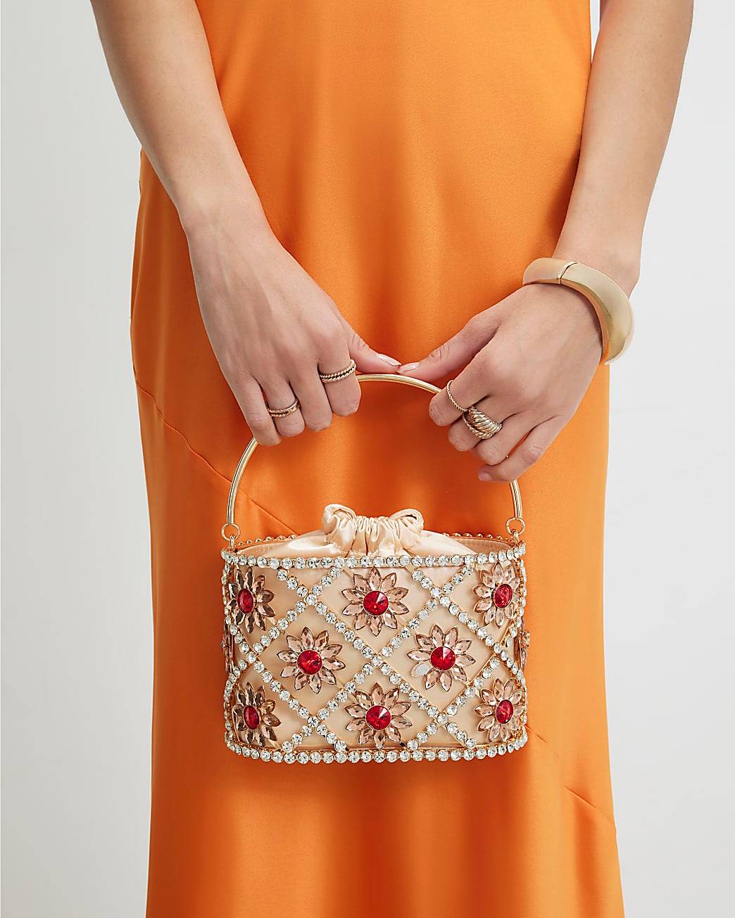 Gold Diamante Flower Basket Clutch Bag