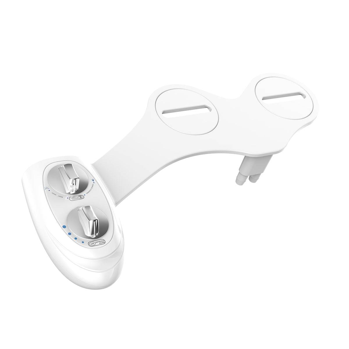 Toilet bidet two silver color knob handles dual nozzle spray guard shield front feminine and rear wash white