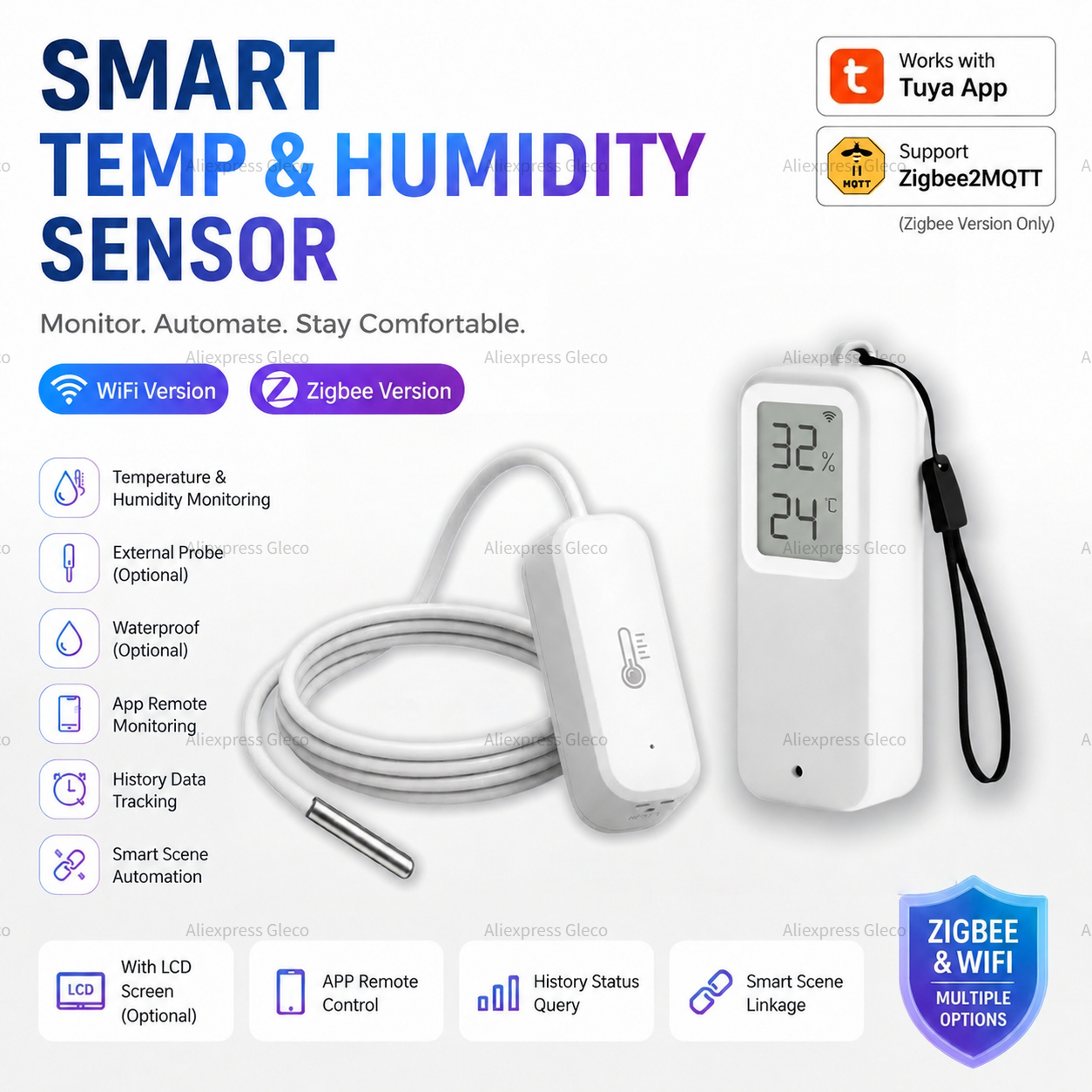 TUYA WIFI Smart Temperature Humidity Sensor Zigbee Waterproof LCD Screen Probe Thermometer Hygrometer Smart Home Alexa Google