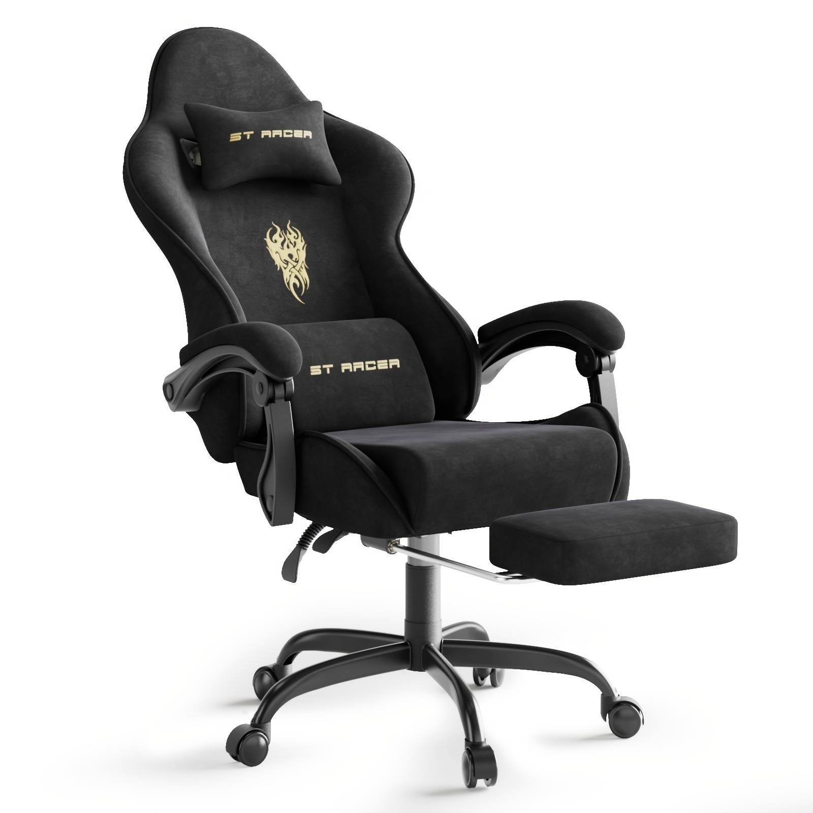 Ergonomic Gaming Chair With Footrest & Massage Lumbar Cushion, Velvet Cover, Adjustable 90-125°, Home Office Chair Up To 113kg Load