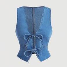 Damkläder för 70-tal Casual Slim Fit jeansväst med knytband, rosett, linne för kvinnor, blå - Ljustvätt (L,M,S,XL,XS)