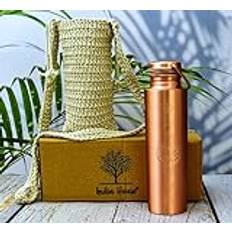Kopparflaska 7 chakra 100 % ren koppar och bärväska/vattenflaska, 1 000 ml/meditation/gym/yoga från Indien (matt finish)