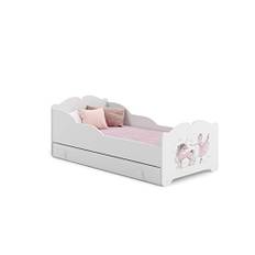 KOBI Anna vit barnsäng med rosa enhörning och ballerina | med förvaringslåda | 140 x 70 cm | liten flicksäng barnsängar | med madrass och ram | babyrummet