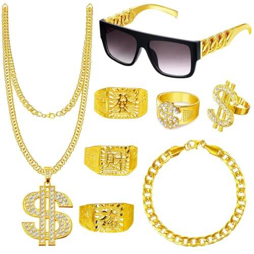 Goenb 8 Stück Zuhälter Kostüm Herren, Hip Hop Rapper Kostüm Zubehör Gangsterboss Kostüm 80er 90er Jahre Outfit mit Dollar Kette Goldene Kette Dollar Ring für Karneval Fasching Mottoparty Halloween