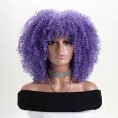 16 Inch Women Afro Kinky Curly Wig, Purple Blue Color Short Synthetic Fiber Wig For Daily Wear, Holiday, Halloween Costume Party