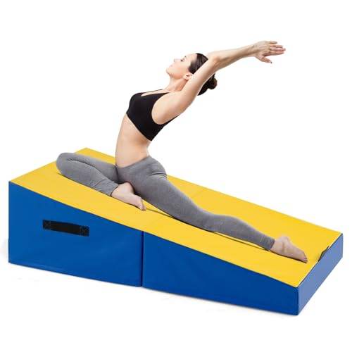 GOPLUS Vikbar gymnastikmatta, sned träningsmatta, bärbar yogamatta med lutningsvinkel och handtag, mjuk golvmatta, träningsmatta, halkfri för hemmet, yoga, gymnastik, träning (blå)