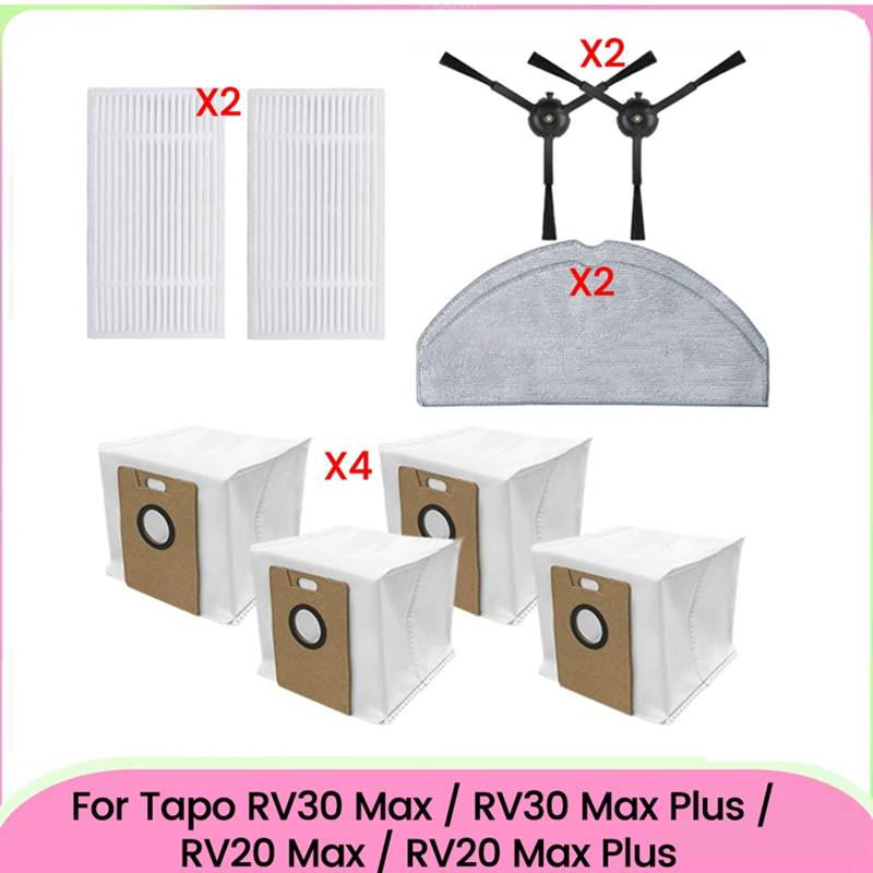 10PCS For Tapo RV30 Max /RV30 Max Plus /RV20 Max /RV20 Max Plus Vacuum Parts Filters Mop Cloths Side Brush Dust Bags