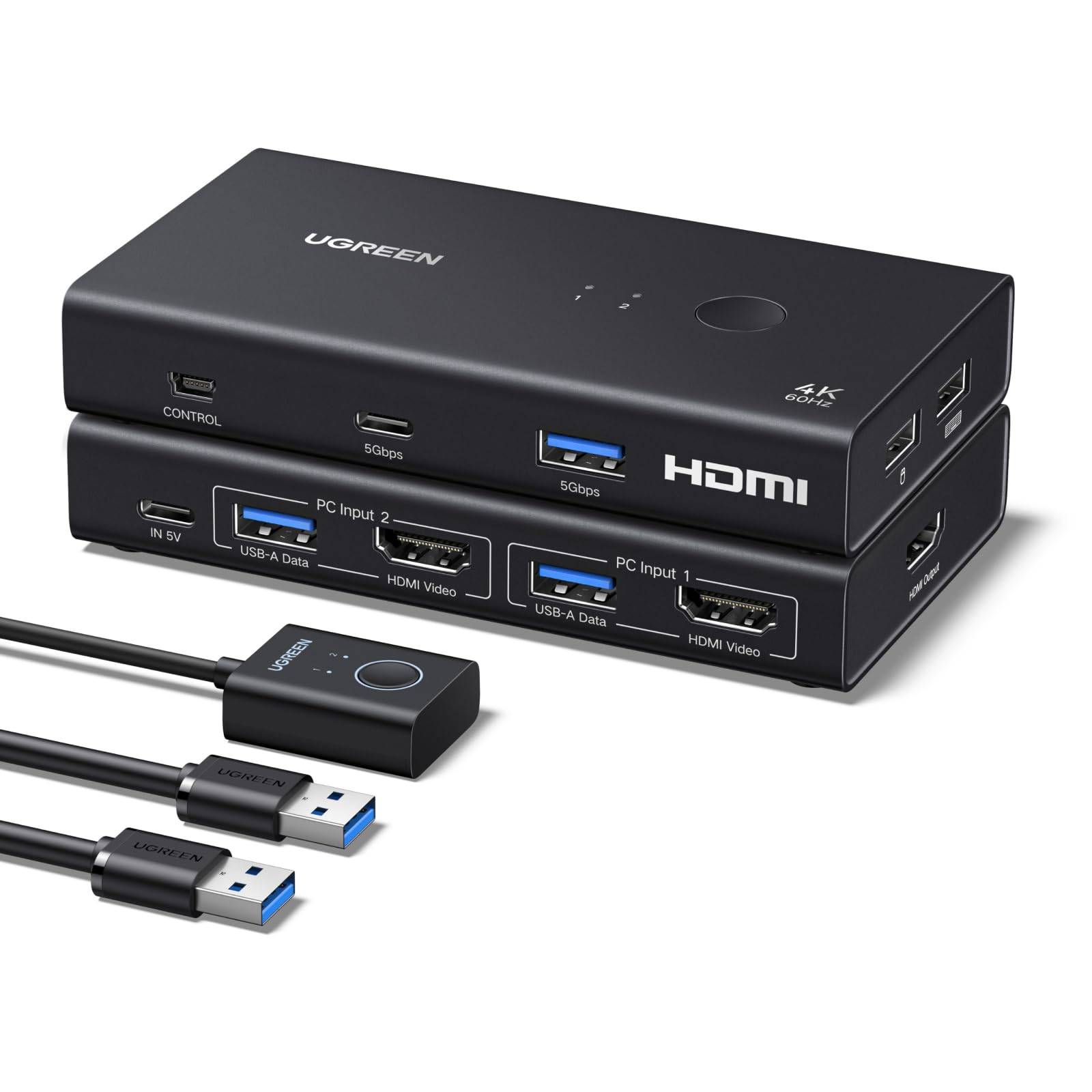 UGREEN HDMI 2.0 KVM Switch, 2 Inputs/1 Output, 4K@60Hz | USB 3.0 x 4 (USB-A x 3 + USB-C x 1) | Keyboard/Mouse Sharing | Desk Controller Included | Com
