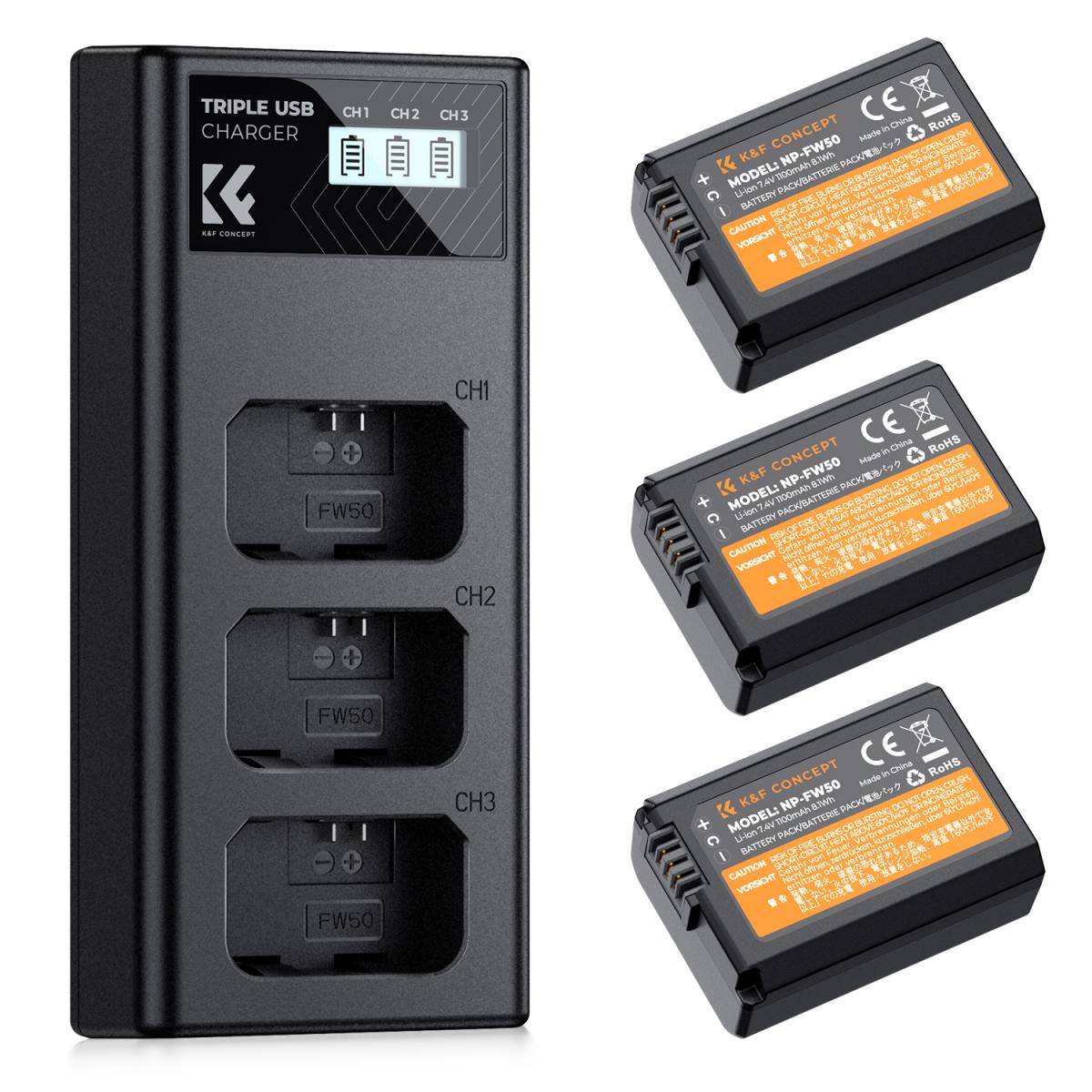 KENTFAITH NP-FW50 Battery and Three Slot Charger, 3-Pack Replacement Battery for Sony ZV-E10, A6000, A6300, A6400, A6500, A5000, A5100, A7, A7II, A7R, A7RII, A7S, A7SII, RX10, 1100mAh