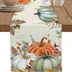 1pc Linen Fall Table Runner - Vintage Rustic Farmhouse Design With Pumpkins, Leaves & Cursive Script, Autumn Thanksgiving Decor For Dining Table,Fall - Orange - 33*160,33*183,33*200,33*90