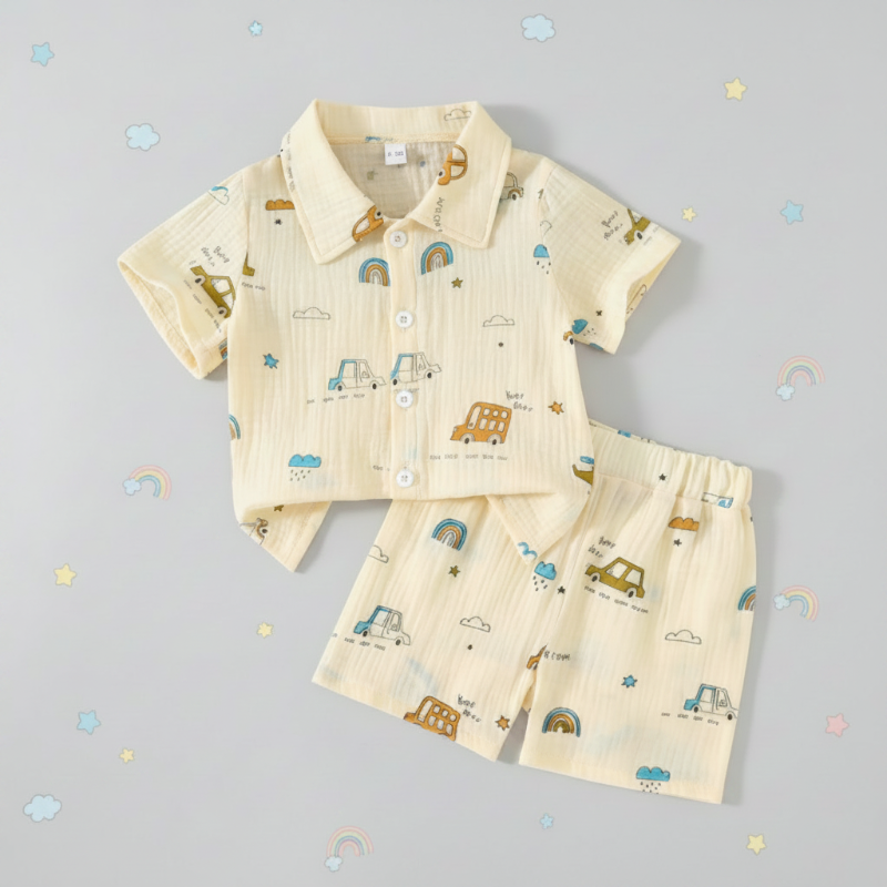 Dinosaur & Car Print Outfit – Tufft & lekfullt – Sommarklädset Bilar / 100 (18–24 månader) | Pedagogiska Träleksaker