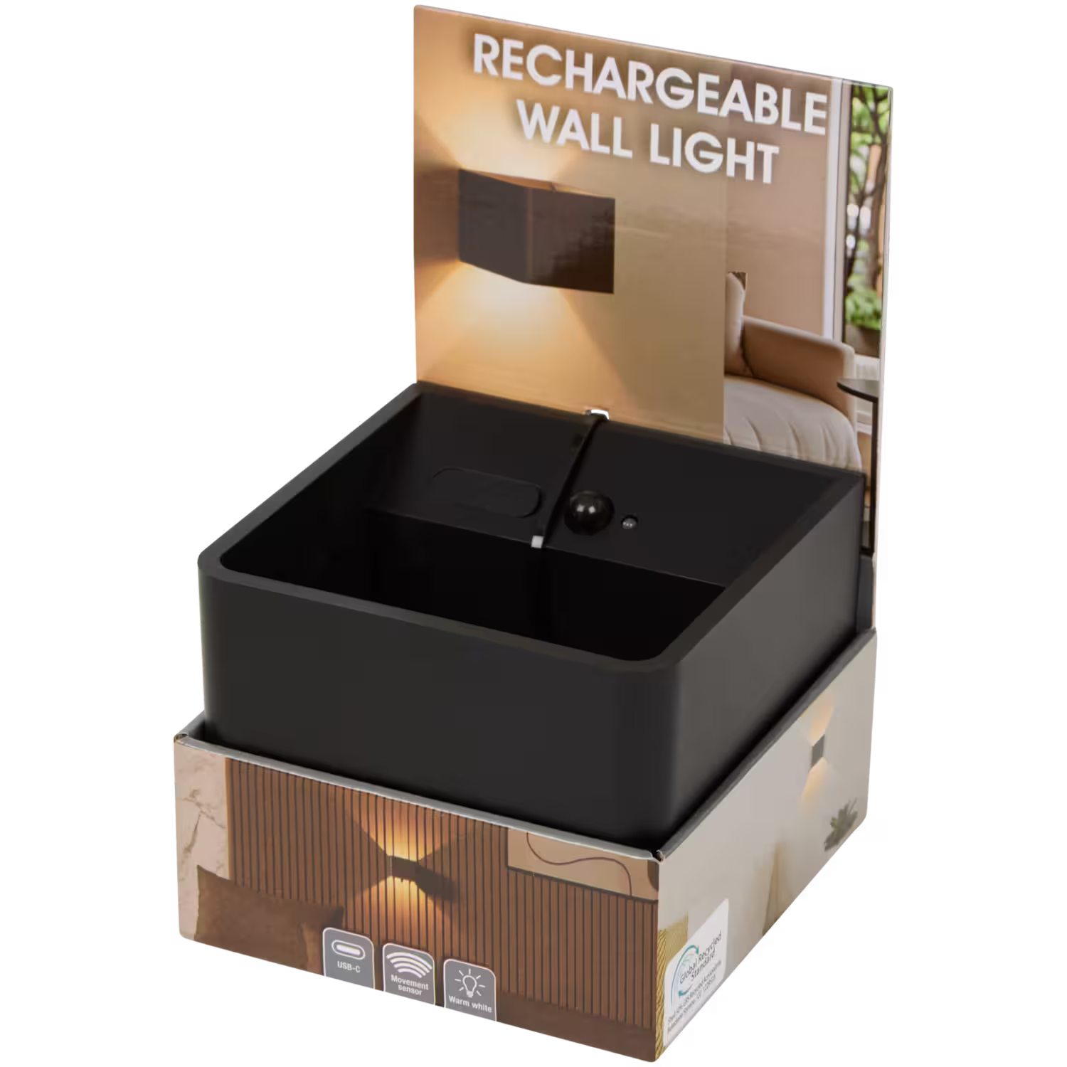 Genopladelig LED Væglampe med Sensor - Sort.
