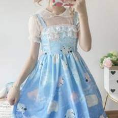 Kawaii japansk mjuk syster lolita klänning ljus lolita inuti dockkrage sling klänning kvinnor - Blå ärmlös