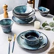 Dinnerware Set Kitchen And Dining, Dinnerware Sets Porcelain, Gradient Glaze Dish Sets, Bowls/Dessert Plates/Dinner Plates/Saucers, Prime Service For 2/4/6, Sapphire Blue,Bl