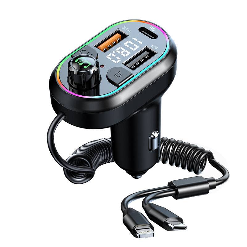 Bil Bluetooth 5.0 FM-sändare 25W PD snabbladdare MP3-spelare med belysning Typ-C port laddningskabel