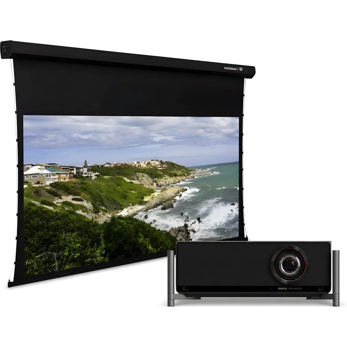 Lumene Coliseum UHD 4K 200C spændt akustisk vævet lærredsskærm + XGIMI. Titan