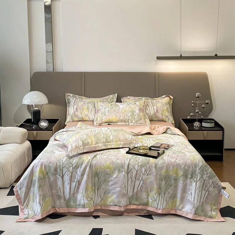 Air Condition Thin Blanket Summer Quilt Bedding Satin Cool Fiber Quilt Machine Washable Ice Silk Double Quilts Lace Cotton 2pc pillowcase