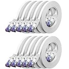 deleyCON 10x 0,25m Platt CAT7 Nätverkskabel (CAT 7 med 10 Gbit/s) Gigabit LAN - RJ45 Ethernet Kort Patchkabel Platt - för Internet Switch Router Modem Patchpanel - Vit
