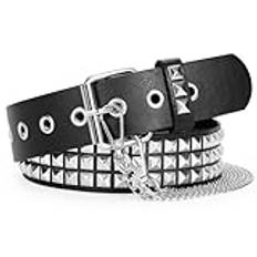 WERFORU läder nitbälte punk rock metall nitbälte för kvinnor män punk gotiskt läderbälte för jeans byxor, C-svart + kedja, Für Taillengröße 80-90cm