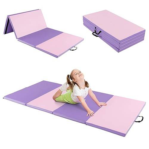 COSTWAY 240 x 120 x 5 cm mjuk golvmatta, gymnastikmatta, vikbar, yogamatta med kardborreband och 2 bärhandtag, gymnastikmatta, fällmatta, fitnessmatta för gymnastik, yoga, träning (rosa + lila)