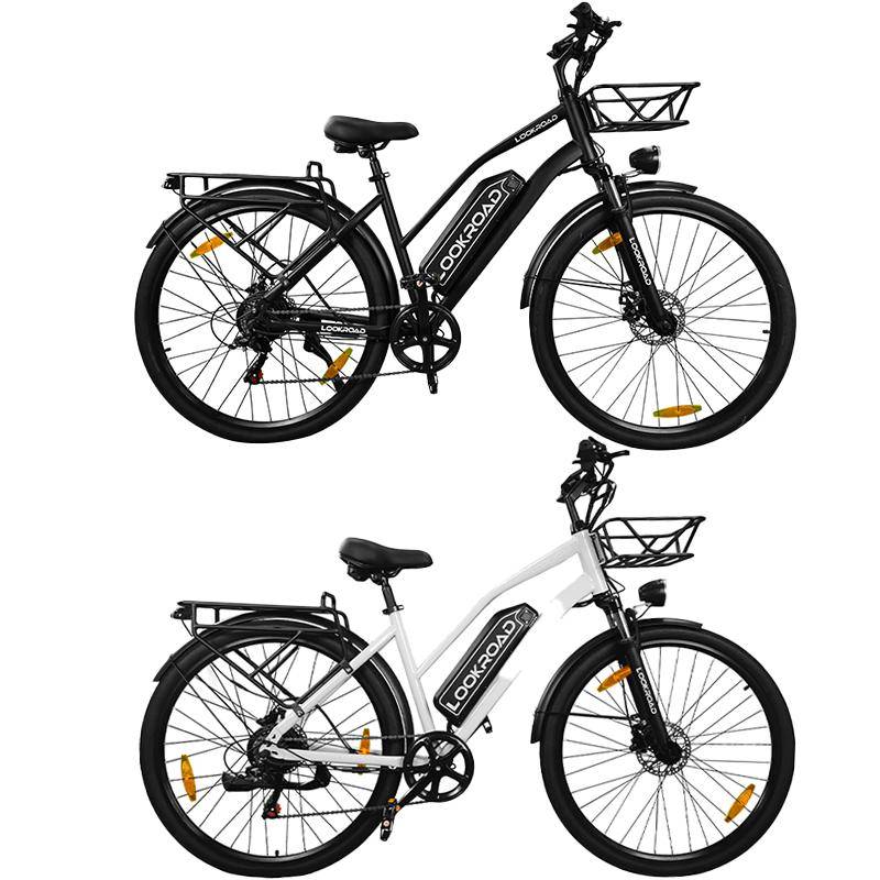 LOOKROAD Stadselcykel för Vuxna, 500W 36V18Ah Lång Räckvidd 28'' Elcykel, Framdämpning med Förvaringskorg IP54