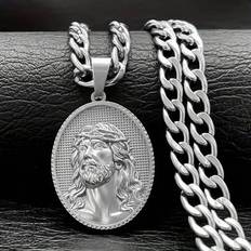 Törnekrona Jesus herrhänge halsband, rostfritt stål hiphop gyllene religiösa medaljhänge halsband smycken - Silver (En-Storlek)