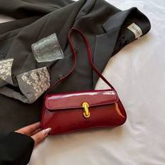 Womens Glossy Leather-Look Shoulder Bag, Suitable For Shopping, Dating, Party, New Popular Metal Twist Lock Flap Design Baguette Handbag For 2025 - Red