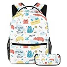 Doodle katt Meow ord tecknad fisk mönster skolväska set för tonåringar flickor pojkar barn, student bokväska ryggsäck ryggsäck med pennfodral för primär sekundär junior, mång, Backpack: 11.5x8x16 in; Pencil Case: 7.5x3x1.5in, Set med skolväskor