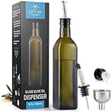 Zulay (17 oz) olivolja dispenser flaska för kök – olivolja glas med 2 pipar, 2 avtagbara korkar, 2 lock och 1 tratt – oljeflaska för kök och förvaring av vätskor (mörkbrun flaska)