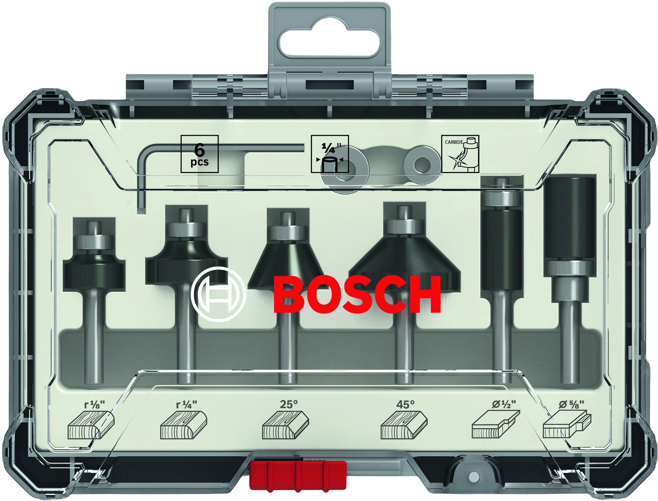 BOSCH Frässtålset Frässtålsats, 6 delar, putsning och kantprofilering, 1/4-tums skaft