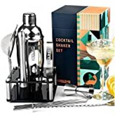 Cocktail Shaker Set Bartender Cocktailset, Cocktailshaker med Bartillbehör och Stativ, Gåva för Män Kvinnor, Presentlåda kan Göras Personlig, Barset Coctail Drink Mixer Bar Kit with Stand