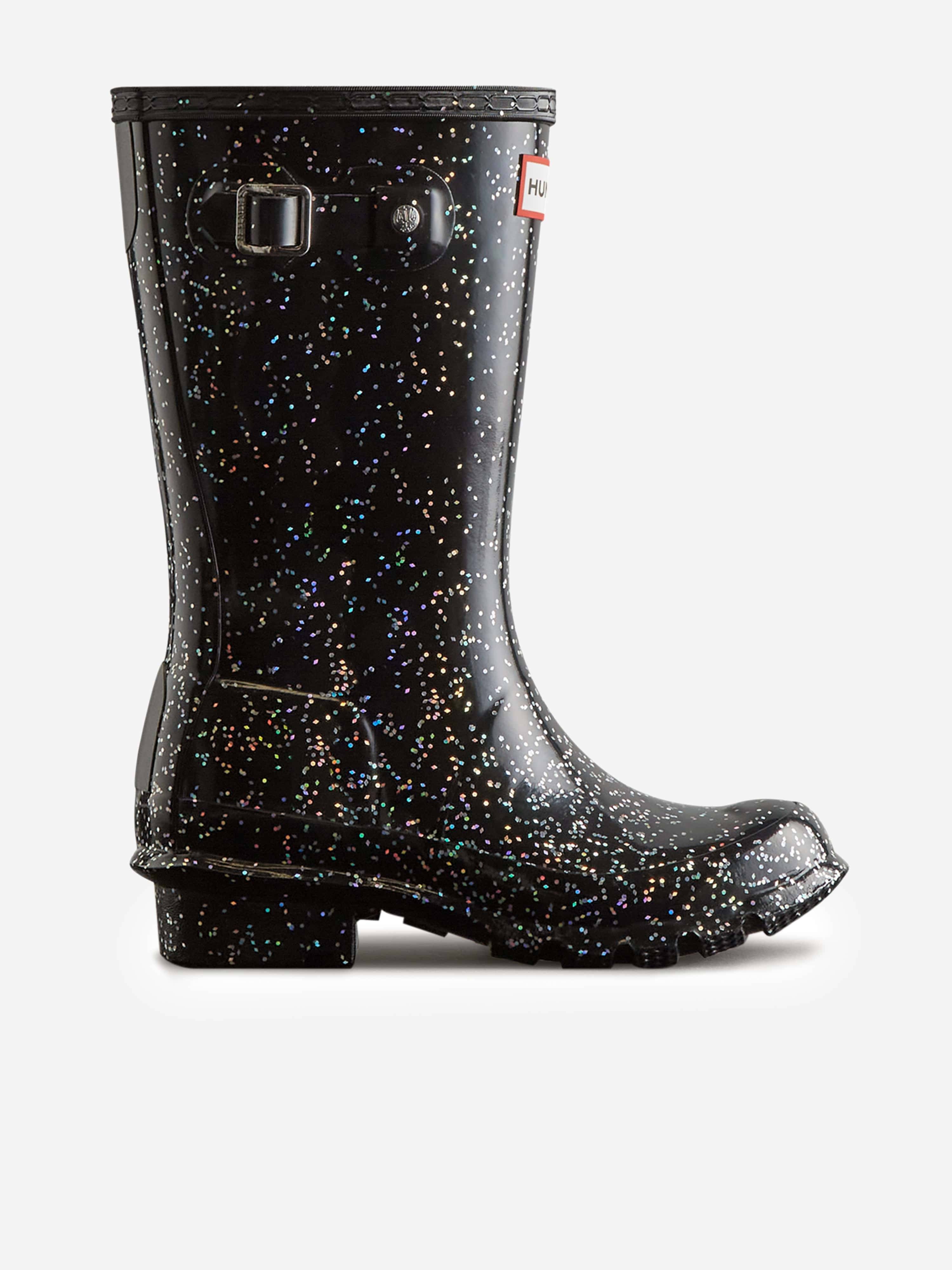 Hunter Girls Original Giant Glitter Wellington Boots in Black - Black / EU 35 UK 3