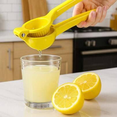 Bärbar multifunktionell citruspress i aluminium – effektiv manuell citronpress med lätttryckt design, halkfritt handtag, ansträngningsfri citruspress, - Multifärgad (1 st - gul (rostfritt stål),1 st - gul (plast))