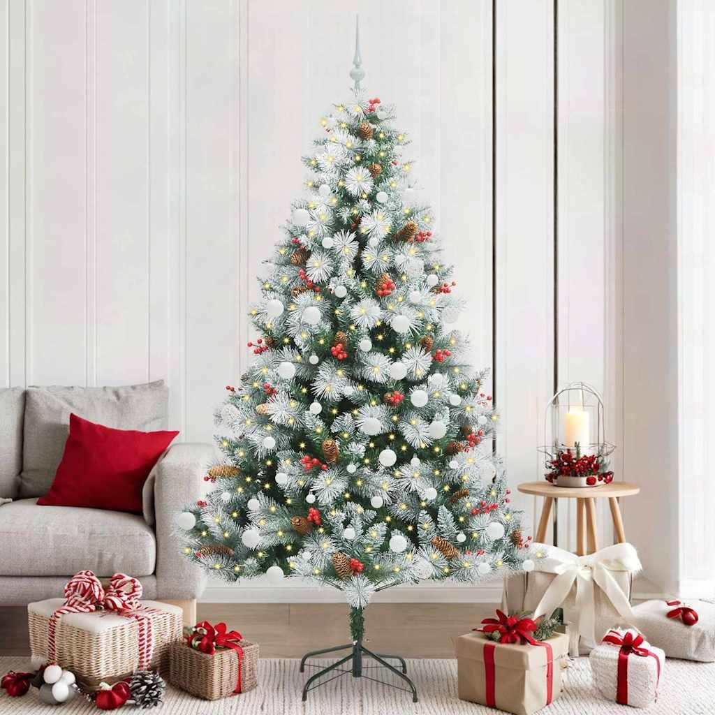 Kunstigt juletræ - grøn/hvid 210 cm med LED-lyskæde, PVC og metal
