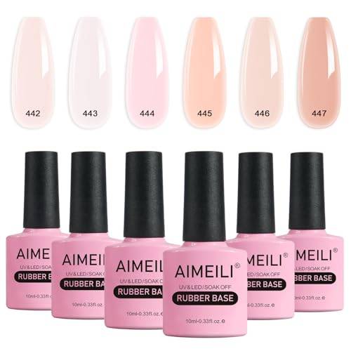 AIMEILI UV LED Gellack Set - Sheer Rosa Nude Färg, Soak Off Nagelförstärkare, Rhinestones Lim, Långvarig - 6 st X 10 ml - Kit 46