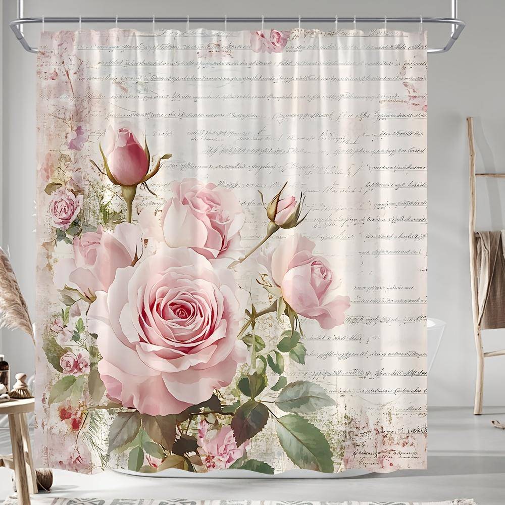 Vintage Blommig Rosa Bokstäver Duschdraperi - 100% Polyester, Maskintvättbar, Med Hål för Ringar, Inkluderar Krokar, Hela Året, Badrumsinredning