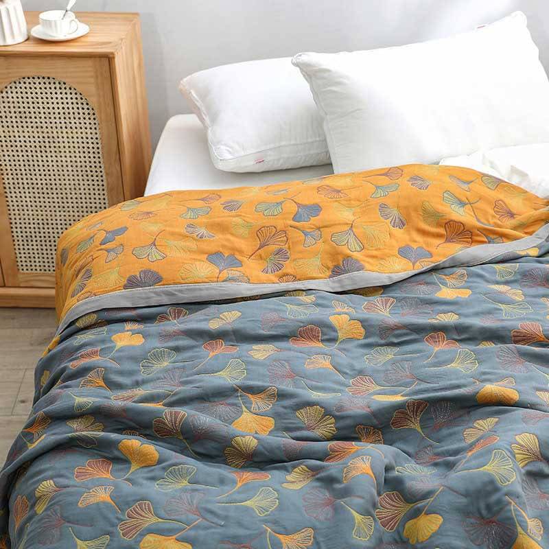 Lyxigt Duvet med Elegant Bladmönster – Premium Bomull - Grå-Orange / Kung