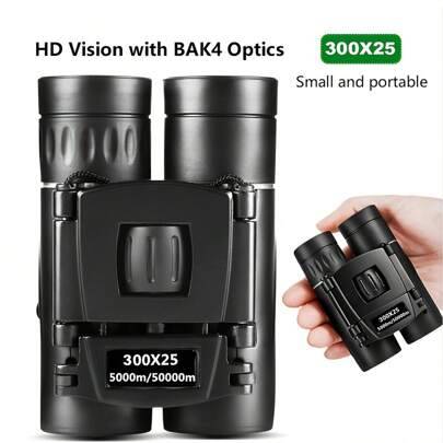 300x25 HD kraftfull kikare, tydlig bild, 10x förstoring, 5000 m långdistans hopfällbar minikikare, BAK4 FMC optisk lins, lämplig för jakt, sport, utom - Svart (En-Storlek)