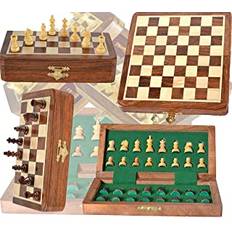 Schack Bazar – 18 cm x 18 cm magnetiskt schackset i trä med Staunton schackpjäser – hopfällbar spelbräda med förvaring