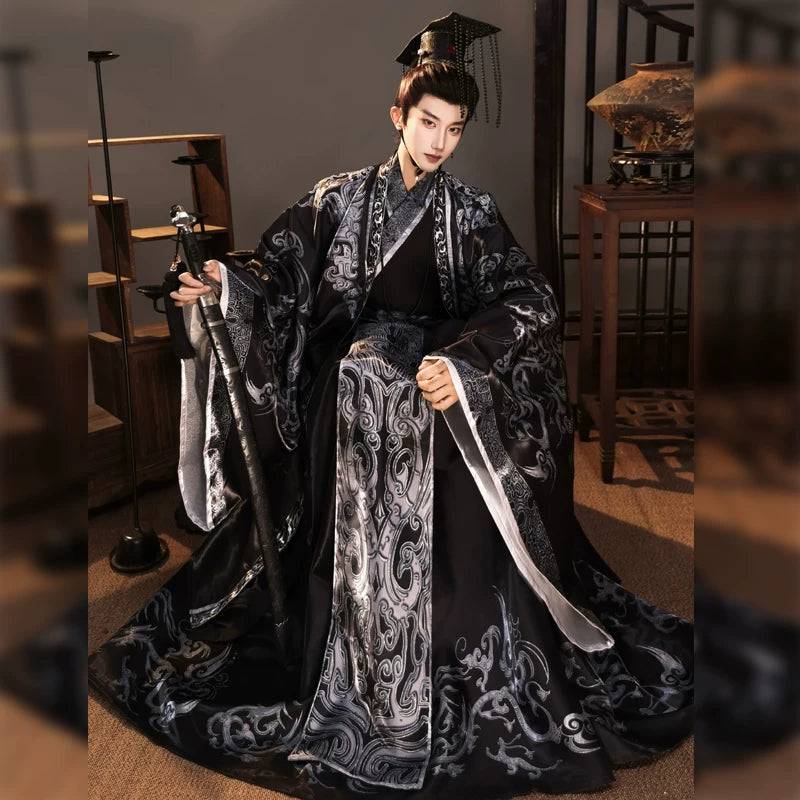 Qin-Inspired Emperor Hanfu Robe Costume | Sets & Crown Options - Black & Silver Set + Crown / S