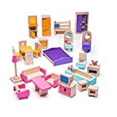 Bigjigs Toys Heritage Wooden Dolls House Furniture Set - 27pc Dollhouse Furniture Set for Wooden Doll Houses, Quality Wooden Furniture for Dollhouses