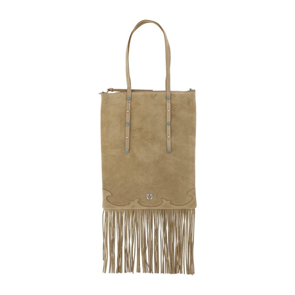PINKO Suede Shopping Bag med Frynser - Tasker - Dame - Beige - ONE SIZE - Suede