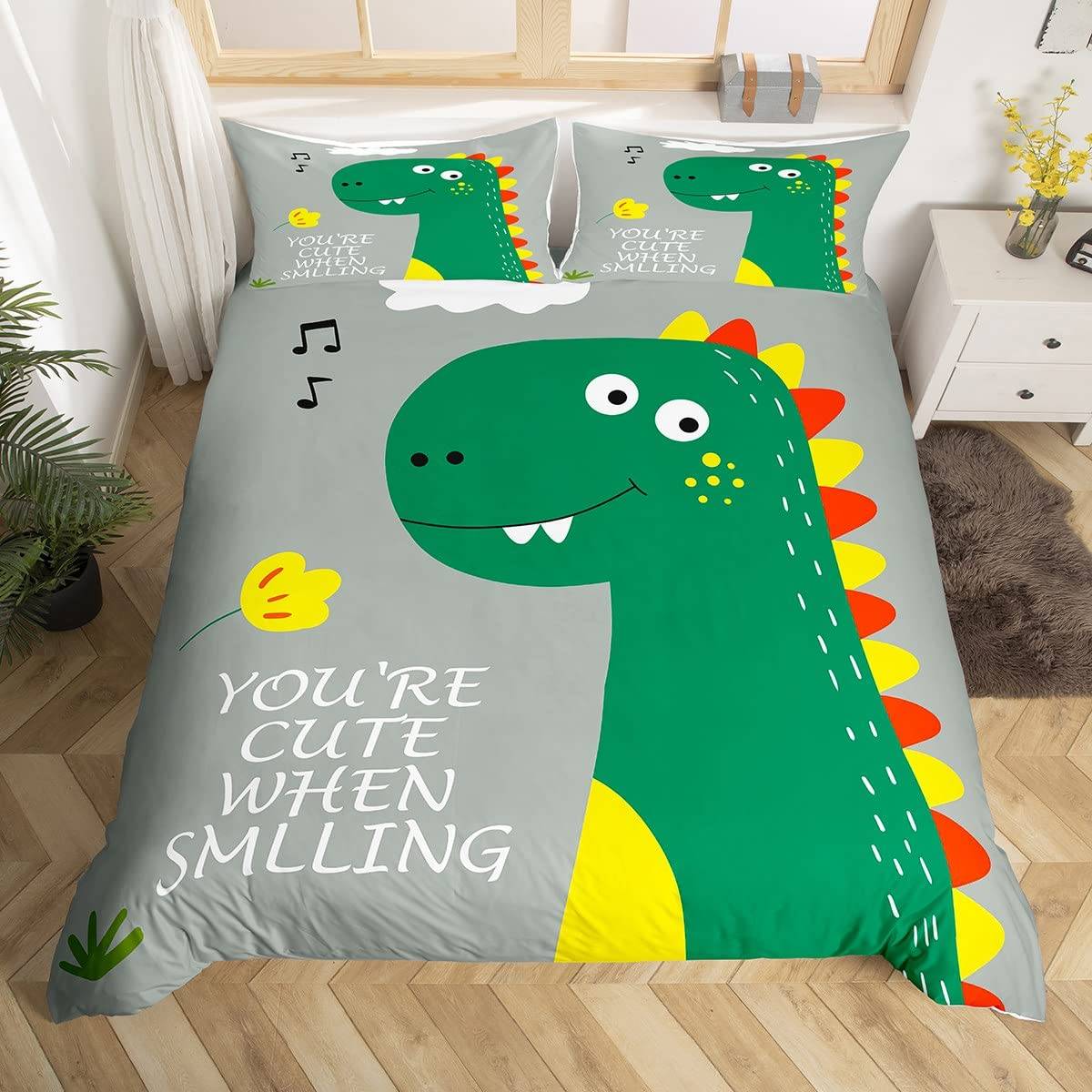 Dinosaurie Påslakan Pojkar Flickor Söt Tecknad Vild Dino Sängkläder Set för Barn Djungeldjur Täckeöverdrag Kawaii Quiltöverdrag 150x200cm 3pcs